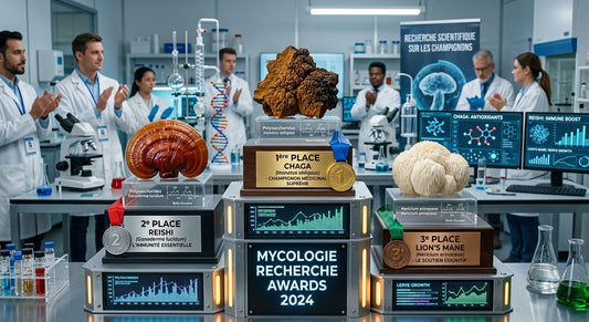 Podium Mycologie Research Awards 2024 : Chaga 1ère place, Reishi 2ème place, Lion's Mane 3ème place — champignons médicinaux validés par la science